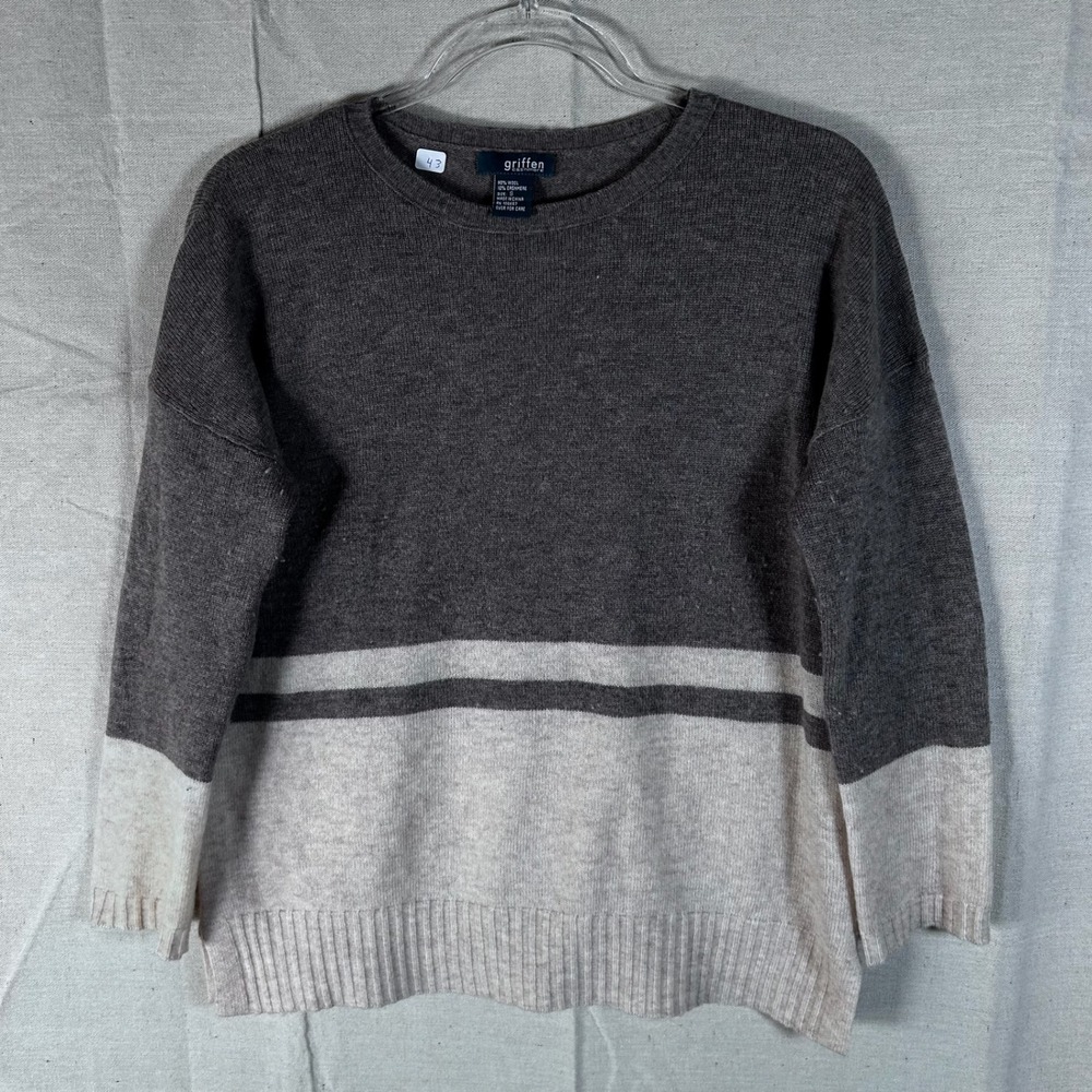 Griffen Cashmere Wool Blend Sweater Small Grey Beige Colorblock‎ Crew Neck Knit